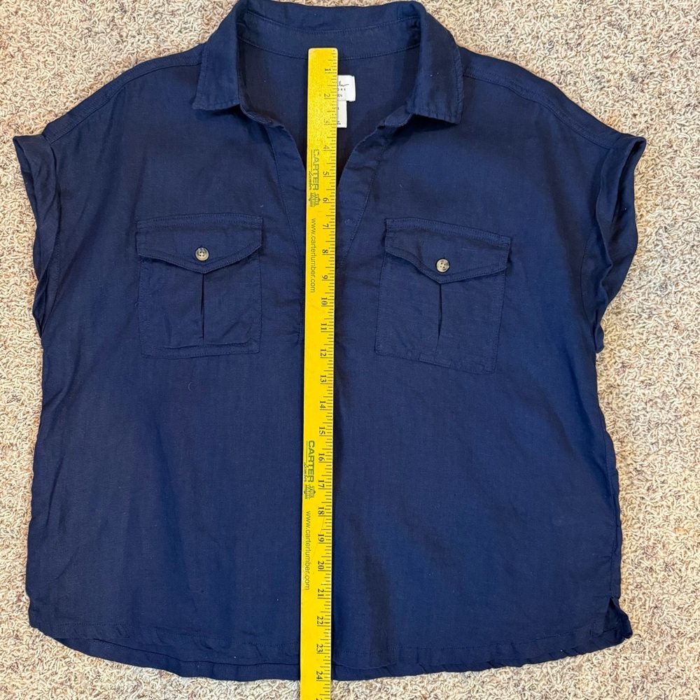 Linen Blouse Navy Blue Utility Top Size L V-Neck Collared Shirt by Nicole Miller - Picture 5 of 8